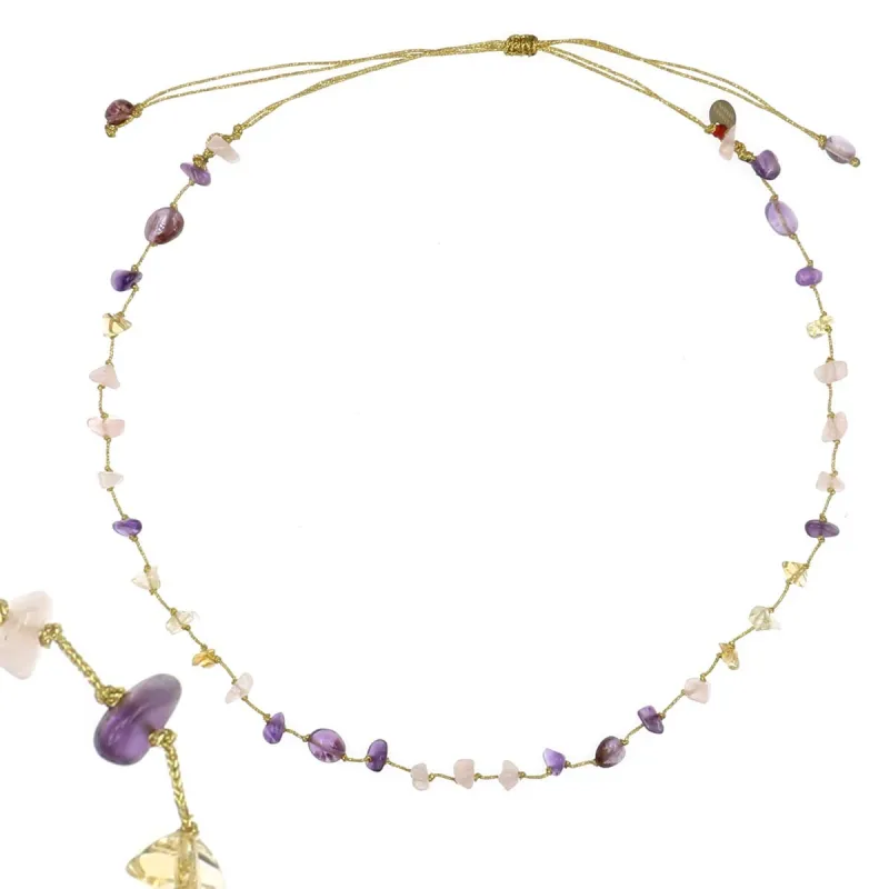 Collier Fil OR Quartz rose,Citrine, Améthyste vanessa simon