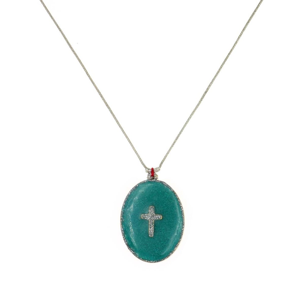 Collier fil argent médaillon GM émail vert et croix argent  vanessa simon