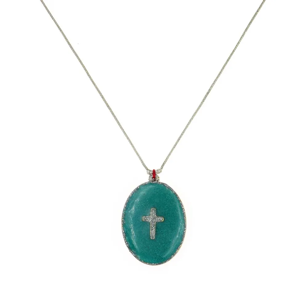 Collier fil argent médaillon GM émail vert et croix argent  vanessa simon