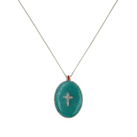 Collier fil argent médaillon GM émail vert et croix argent  vanessa simon