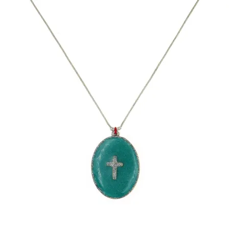 Collier fil argent médaillon GM émail vert et croix argent  vanessa simon