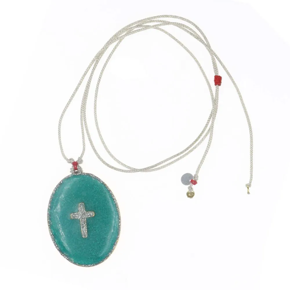 Collier fil argent médaillon GM émail vert et croix argent  vanessa simon