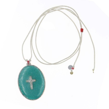 Collier fil argent médaillon GM émail vert et croix argent  vanessa simon