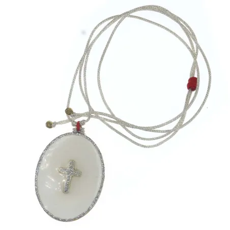 Collier fil argent médaillon GM émail blanc et croix argent vanessa simon