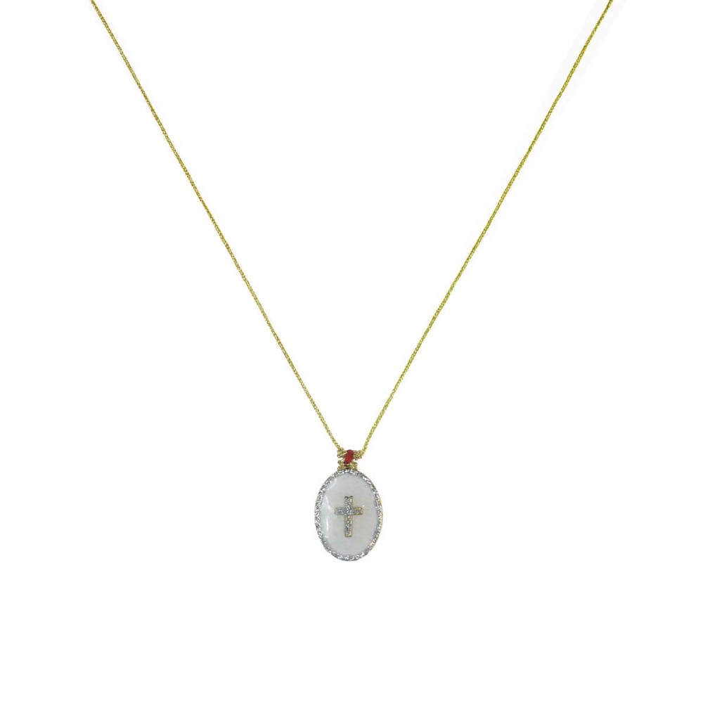 Collier fil argent médaillon PM émail blanc et croix argent vanessa simon