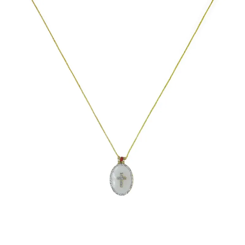 Collier fil argent médaillon PM émail blanc et croix argent vanessa simon