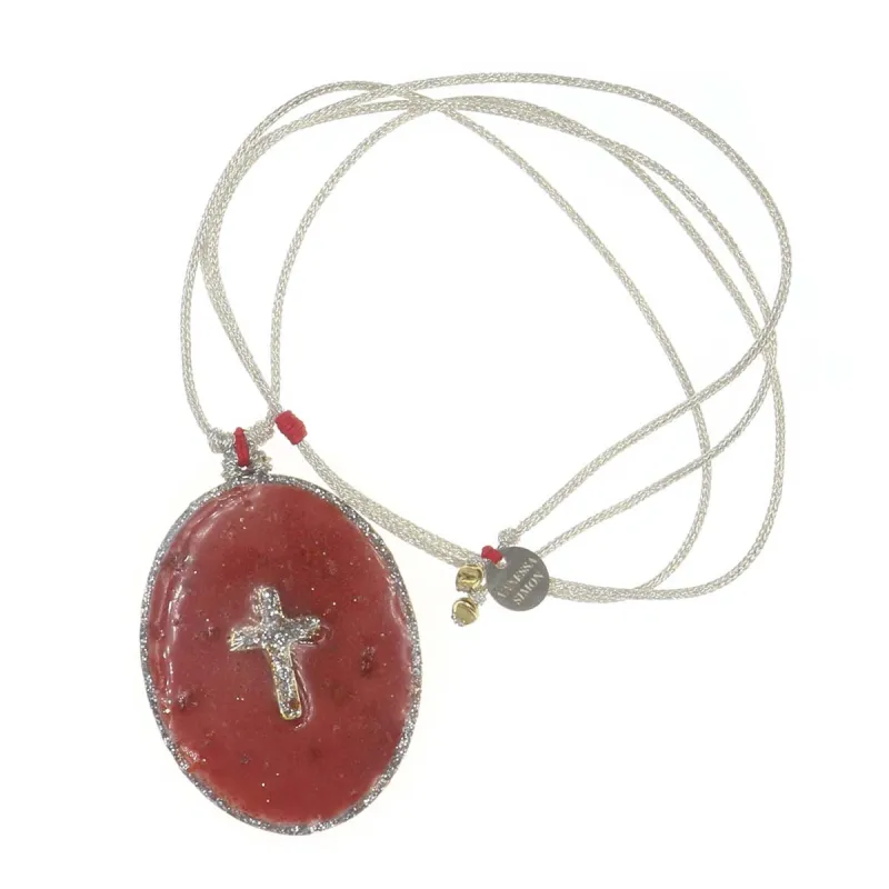 Collier fil argent médaillon GM émail corail et croix argent vanessa simon
