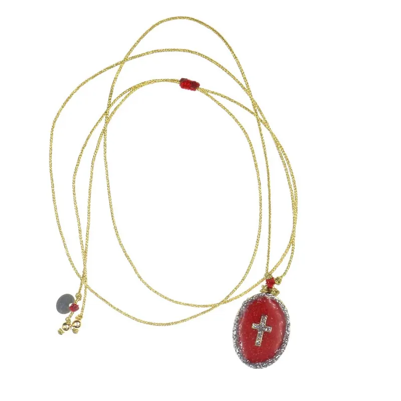 Collier fil or médaillon PM émail corail et croix argent vanessa simon