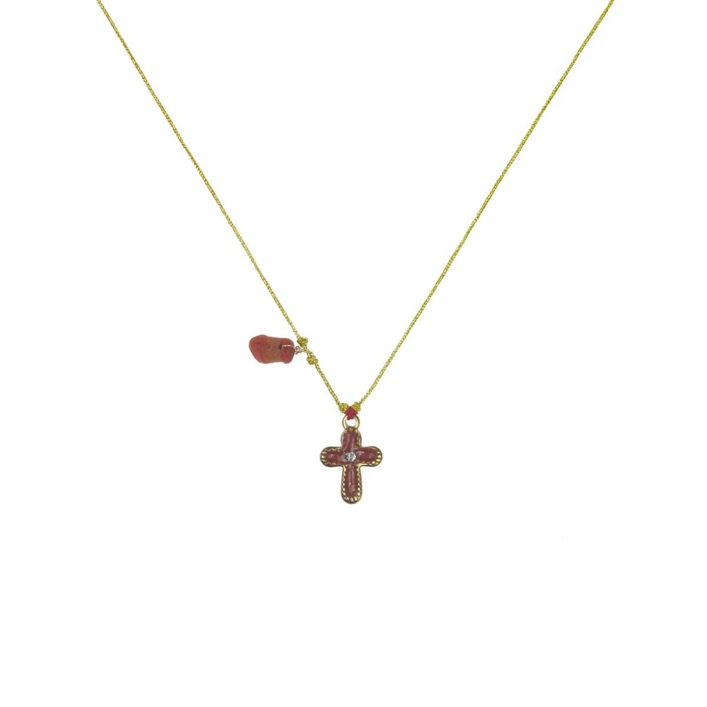 Collier avec croix émaillé corail vanessa simon