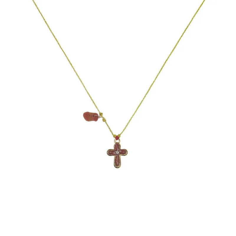 Collier avec croix émaillé corail vanessa simon