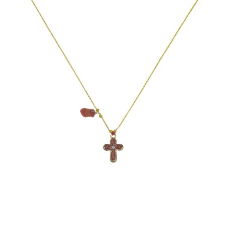 Collier avec croix émaillé corail vanessa simon