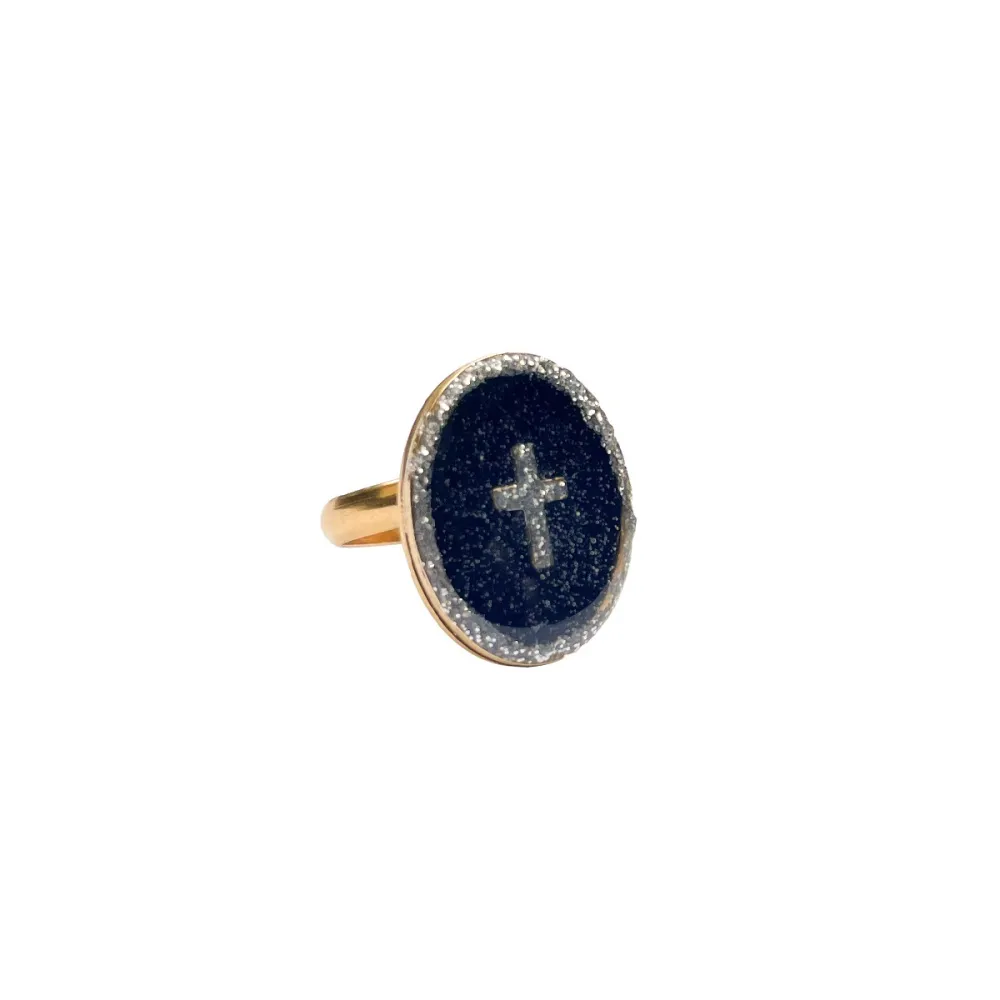 Bague émaillé noir PM croix vanessa simon