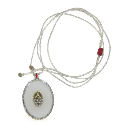 Collier fil argent médaillon GM émail blanc orné d'une vierge vanessa simon