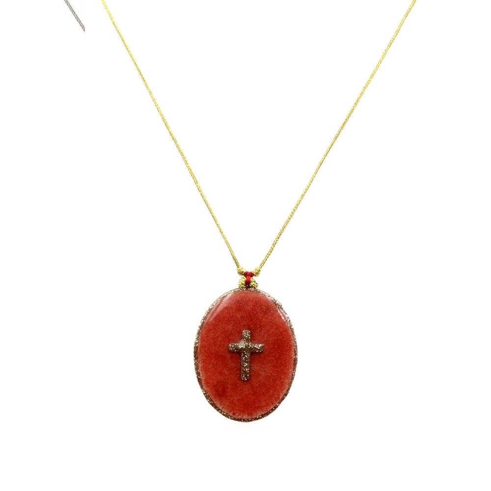 Collier fil or Croix fond Corail GM
