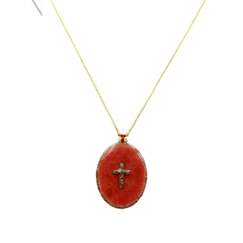 Collier fil or Croix fond Corail GM