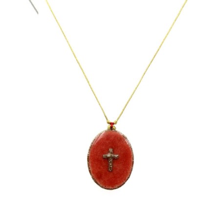Collier fil or Croix fond Corail GM