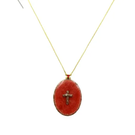 Collier fil or Croix fond Corail GM