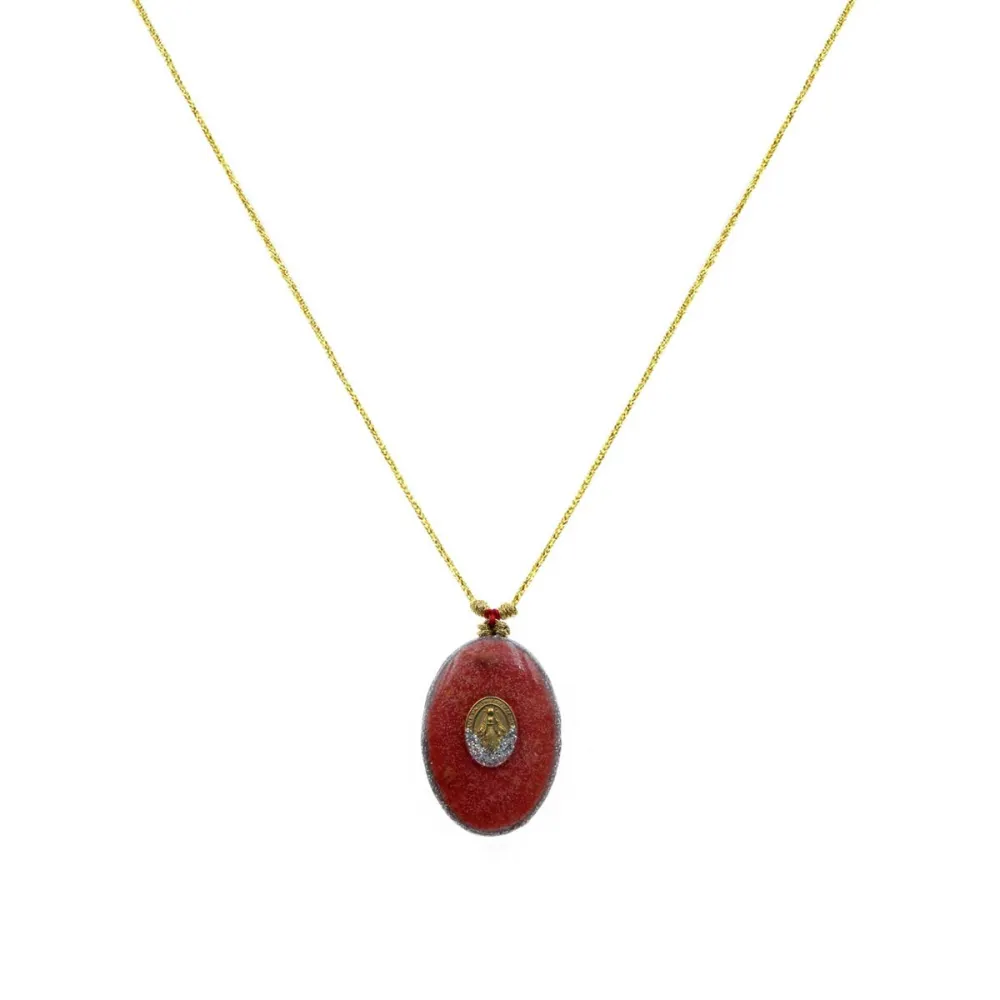 Collier fil or Madone fond corail MM