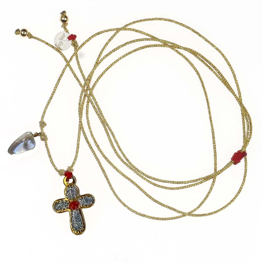 Collier avec croix émaillé corail vanessa simon
