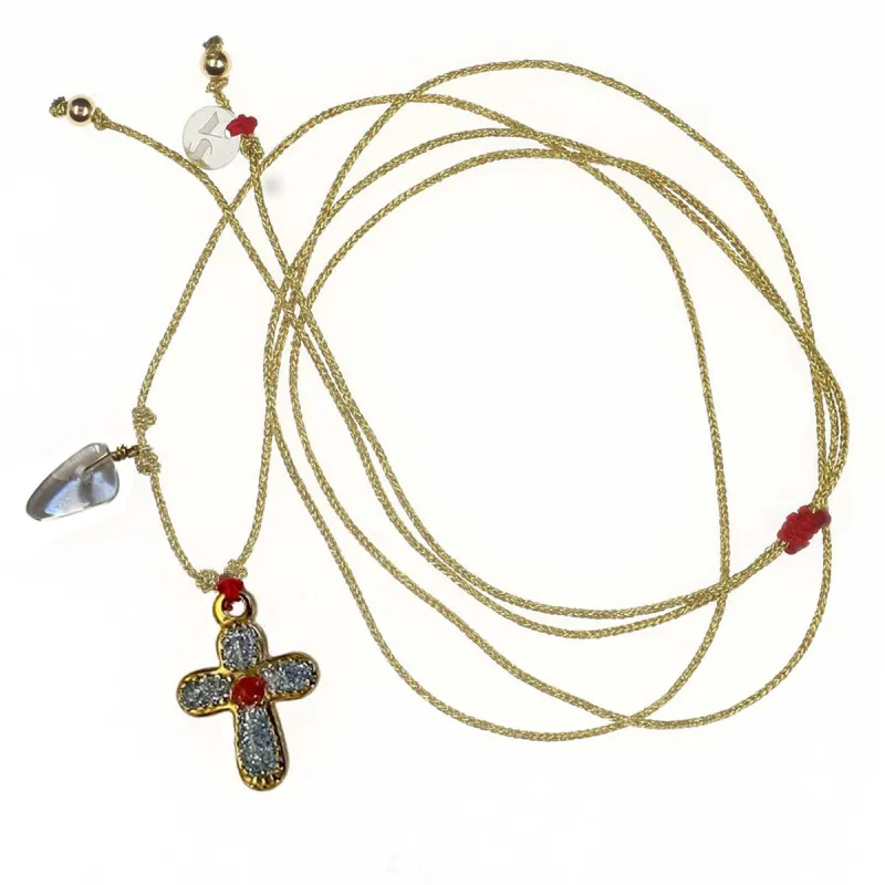Collier avec croix émaillé corail vanessa simon
