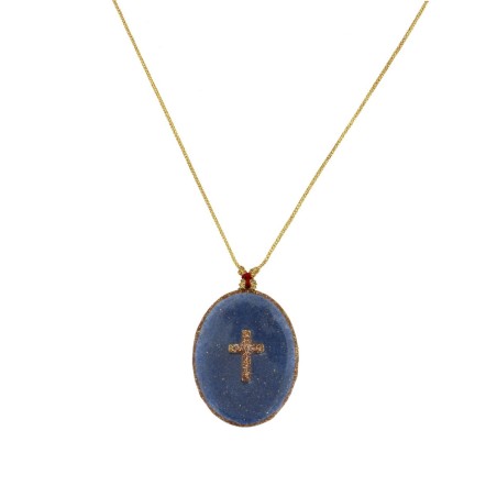 Collier fil or Croix fond Lapis Lazuli