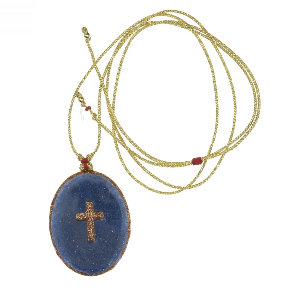 Collier Médaillon Croix Lapis Lazuli Émaillé Or – Fait Main | Vanessa Simon