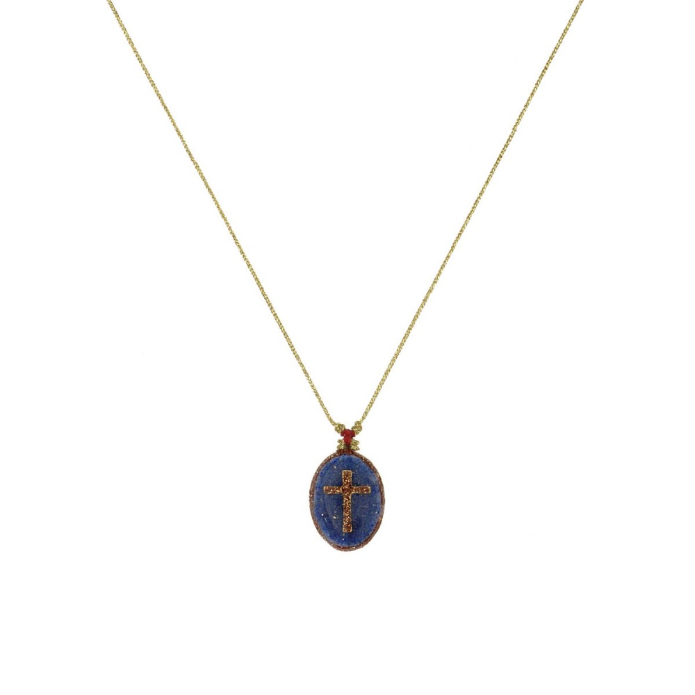 Collier Médaillon Croix Lapis Lazuli Émaillé Or – Fait Main | Vanessa Simon
