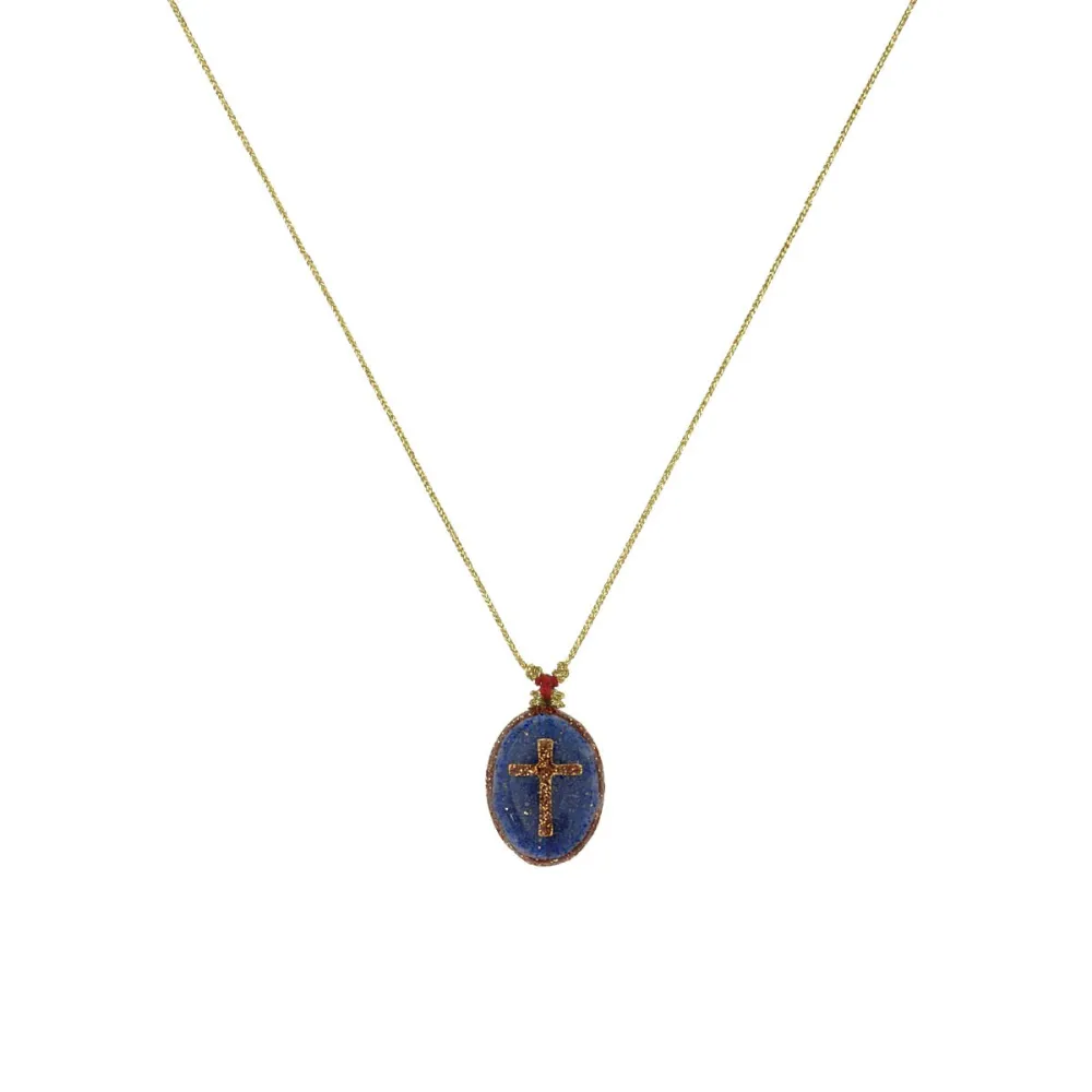 Collier Médaillon Croix Lapis Lazuli Émaillé Or – Fait Main | Vanessa Simon