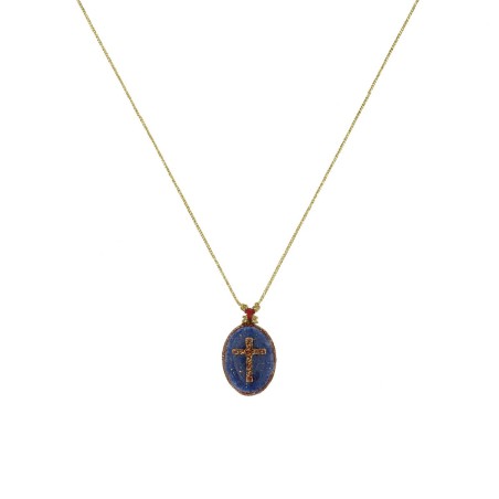 Collier Médaillon Croix Lapis Lazuli Émaillé Or – Fait Main | Vanessa Simon