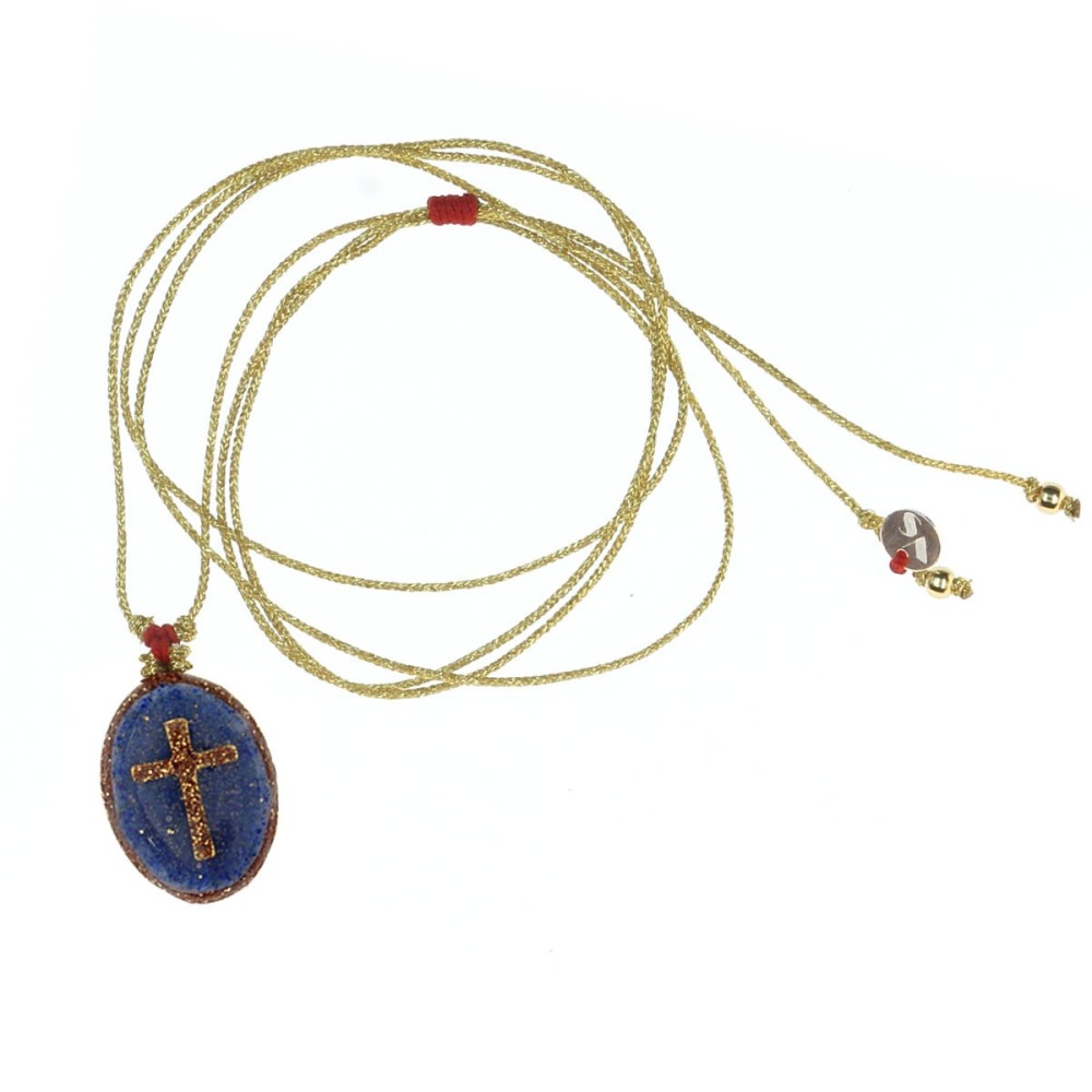 Collier Médaillon Croix Lapis Lazuli Émaillé Or – Fait Main | Vanessa Simon
