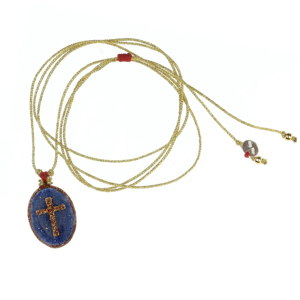 Collier Médaillon Croix Lapis Lazuli Émaillé Or – Fait Main | Vanessa Simon