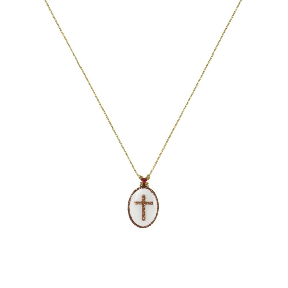 Collier médaillon croix PM émaillé blanc sur fil or