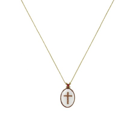 Collier médaillon croix PM émaillé blanc sur fil or