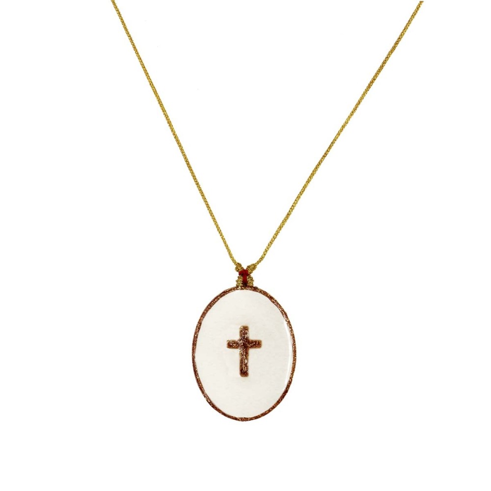 Collier médaillon madone émaillé blanc sur fil or
