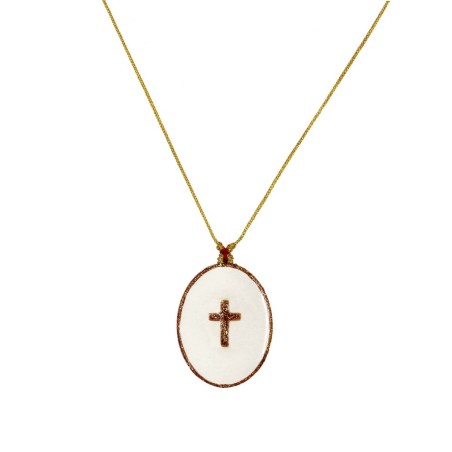 Collier médaillon madone émaillé blanc sur fil or