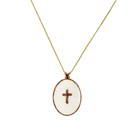 Collier médaillon madone émaillé blanc sur fil or