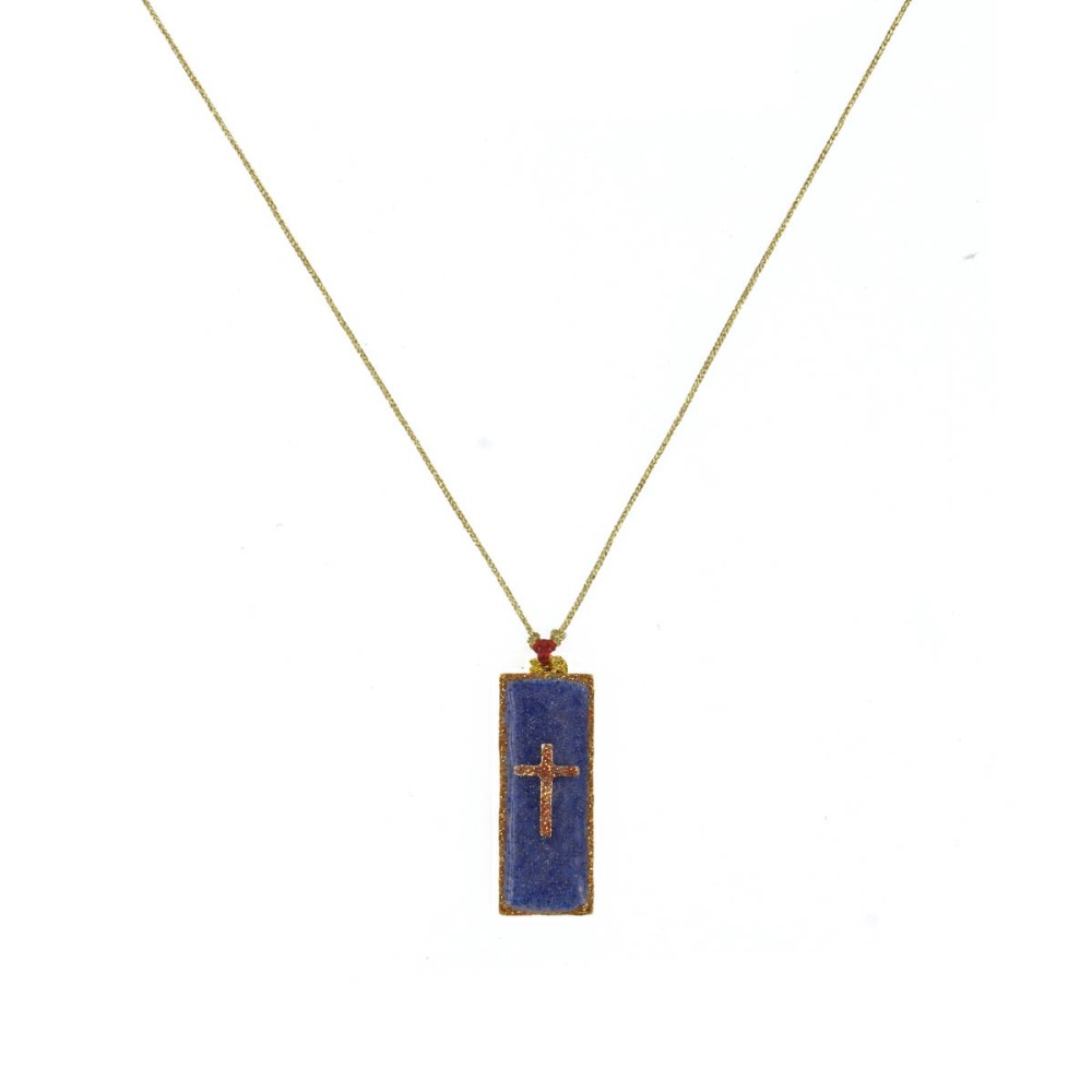 Collier barrette croix émaillé lapis lazuli sur fil or vanessa simon