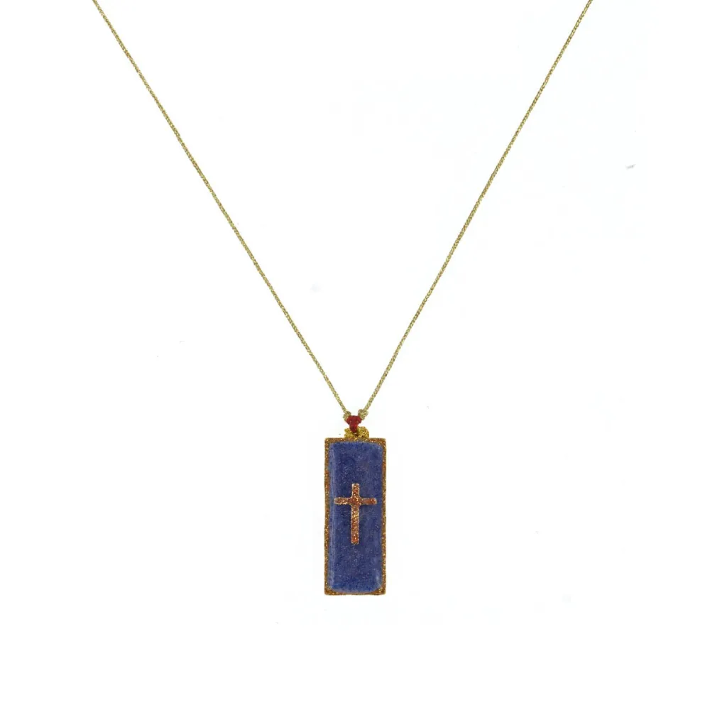 Collier barrette croix émaillé lapis lazuli sur fil or vanessa simon