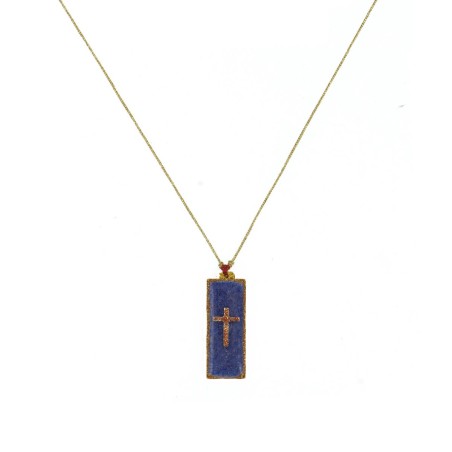Collier barrette croix émaillé lapis lazuli sur fil or vanessa simon