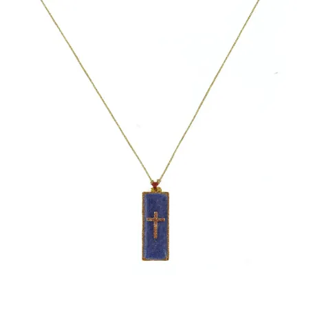 Collier barrette croix émaillé lapis lazuli sur fil or vanessa simon