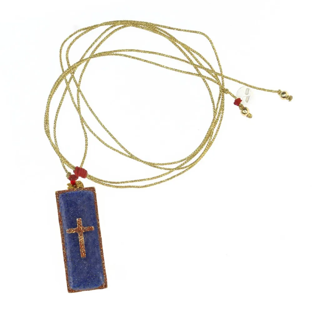 Collier Médaillon Croix Lapis Lazuli Émaillé Or – Fait Main | Vanessa Simon