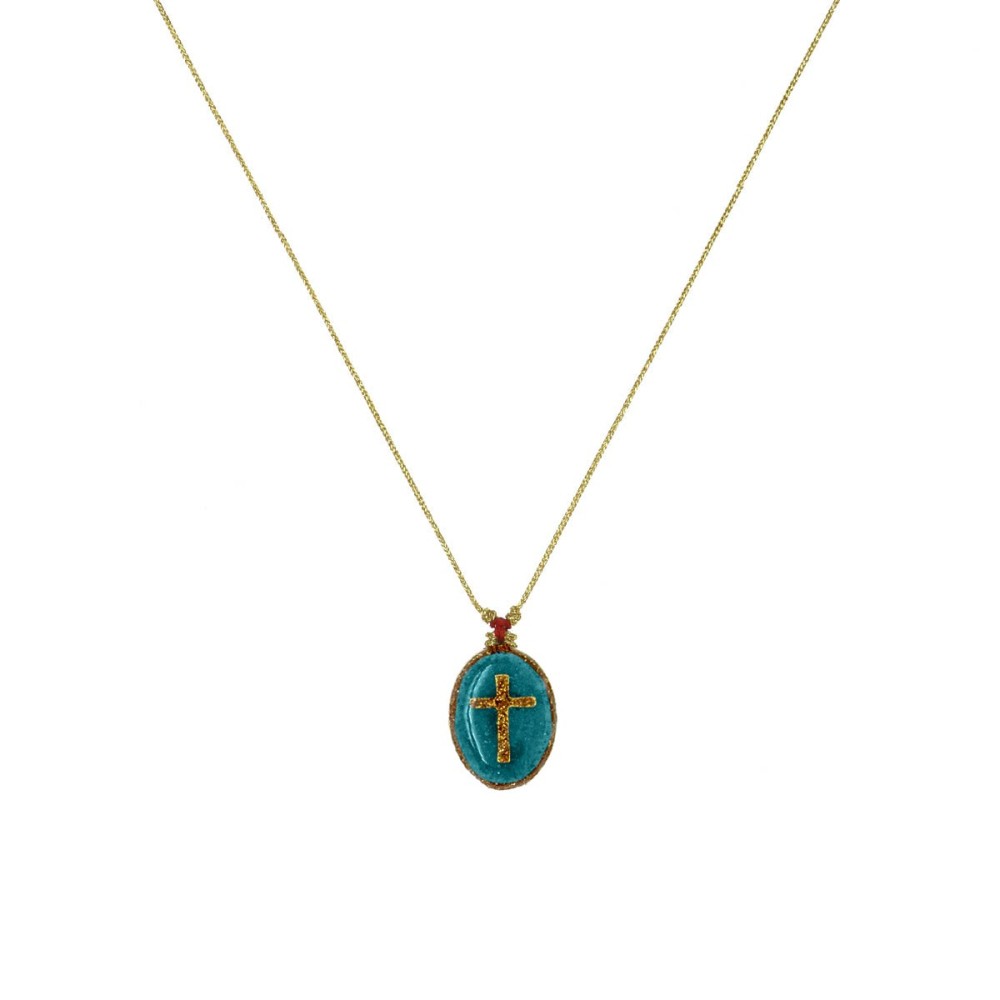 Collier fil or Médaillon turquoise croix doré vanessa simon