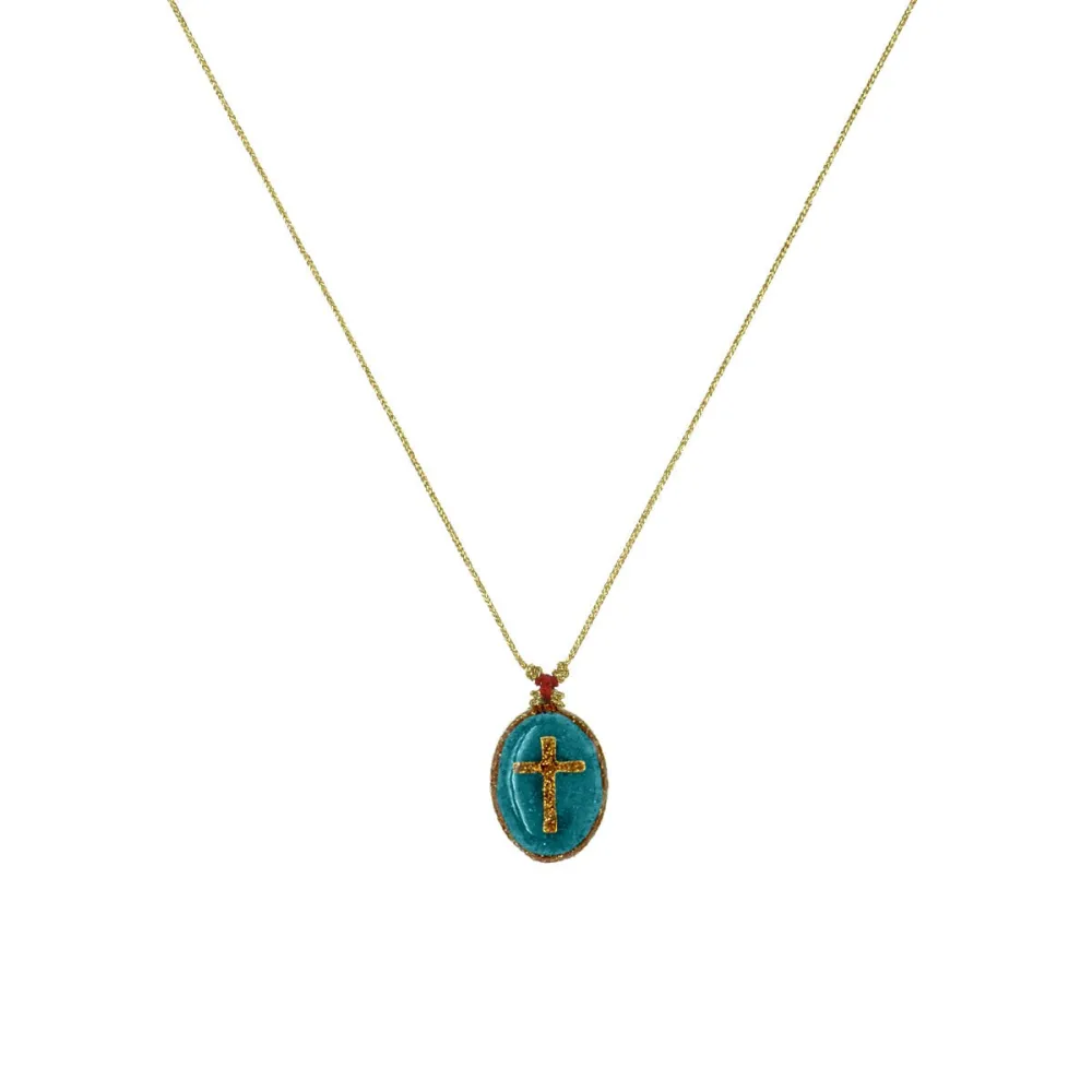 Collier fil or Médaillon turquoise croix doré vanessa simon