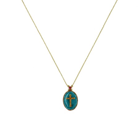Collier fil or Médaillon turquoise croix doré vanessa simon