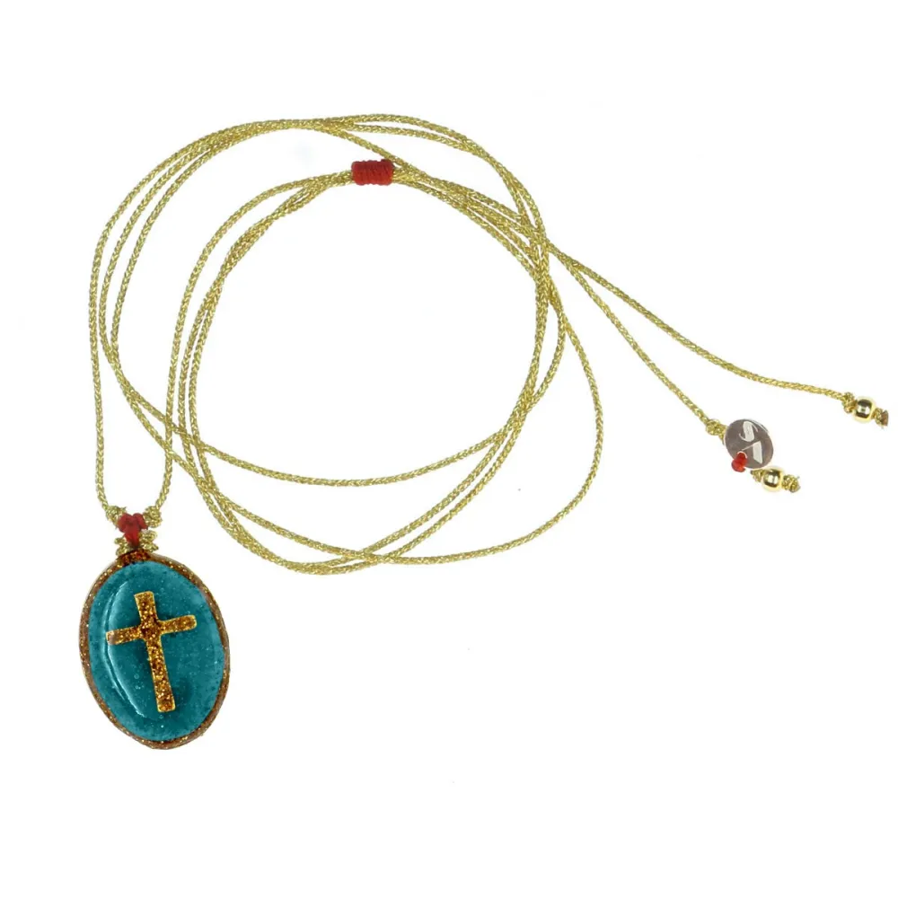 Collier fil or Médaillon turquoise croix doré vanessa simon