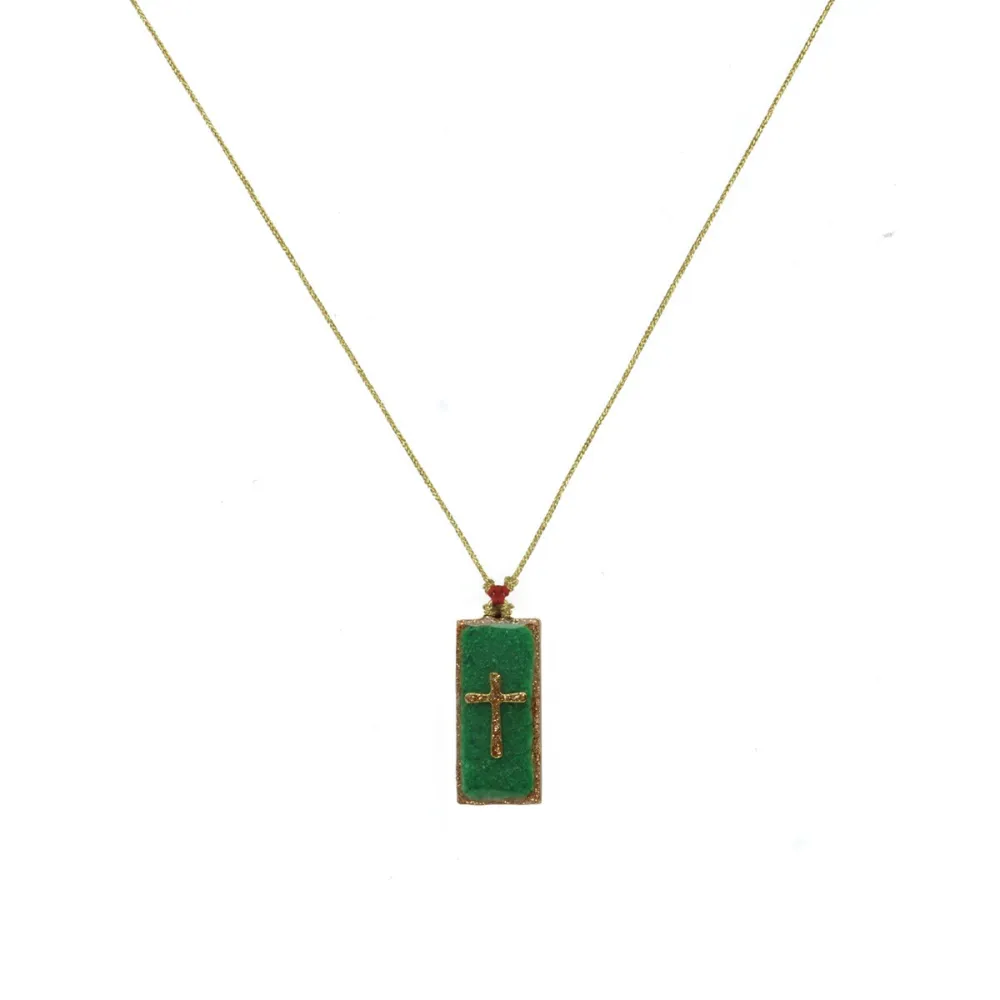 Collier fil or avec Barrette Croix émaillé malachite vanessa simon