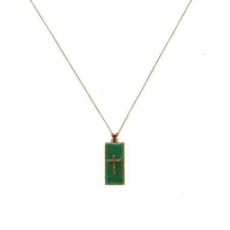 Collier fil or avec Barrette Croix émaillé malachite vanessa simon