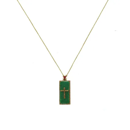 Collier fil or avec Barrette Croix émaillé malachite vanessa simon