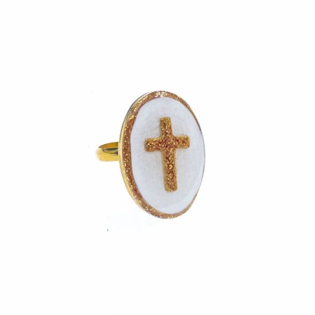 Bague L Croix or - Emaillé Blanc vanessa tambon