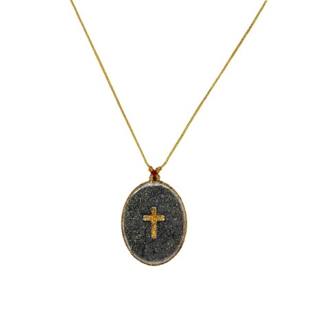 Collier médaillon Croix GM - Pyrite